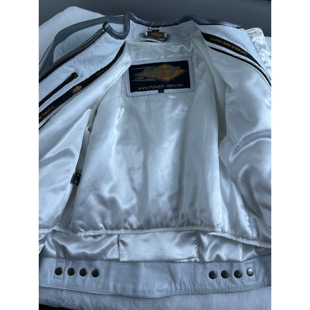 Power Trip Women's Leather Zip Up Motorcycle Jacket Large Cream/Silver Grey - Picture 8 of 16